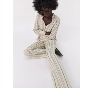 Zara 2 Piece Blue Striped Flowy blouse with pants Set Size M
